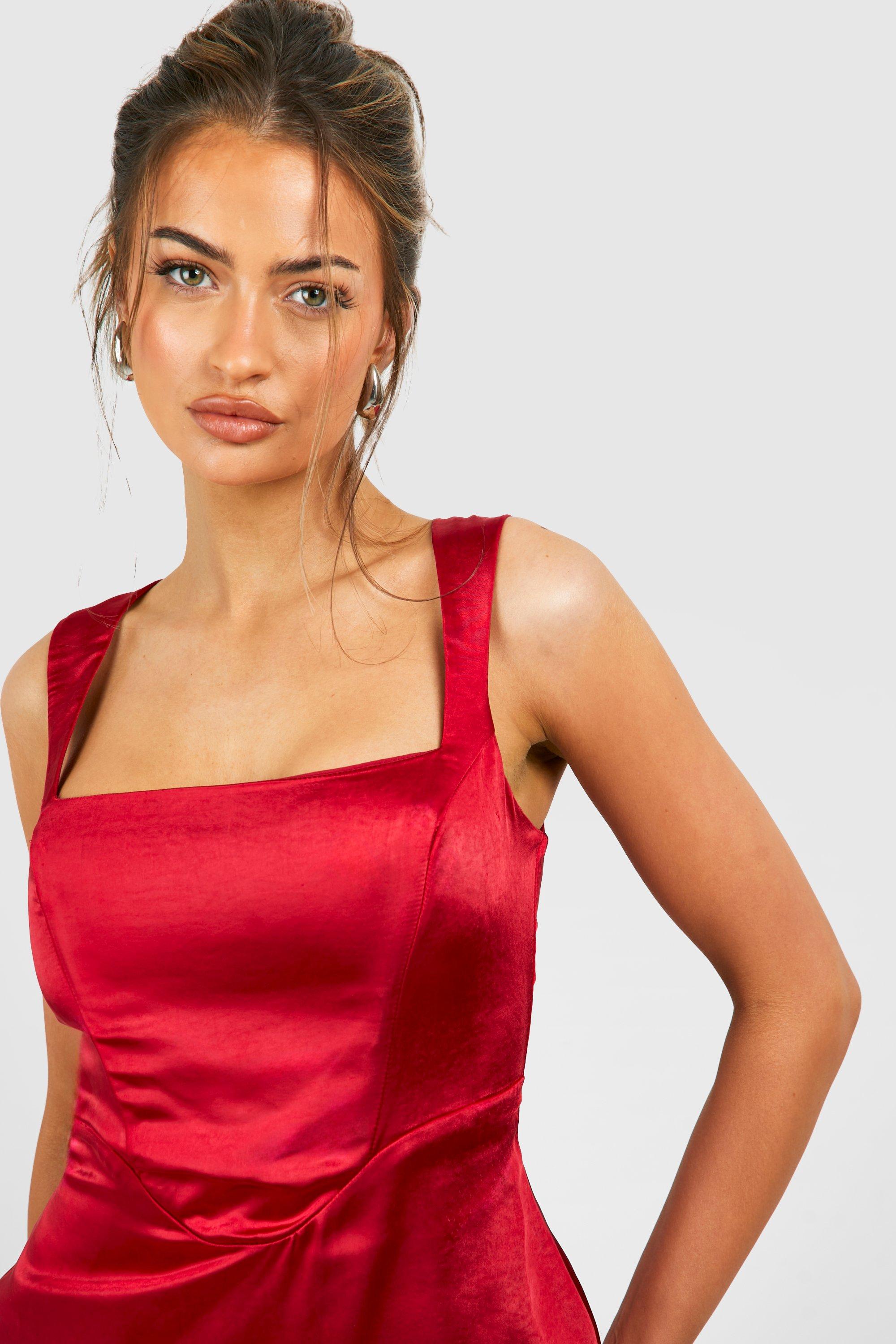 Red satin slim fit tube top corset long wrap dress