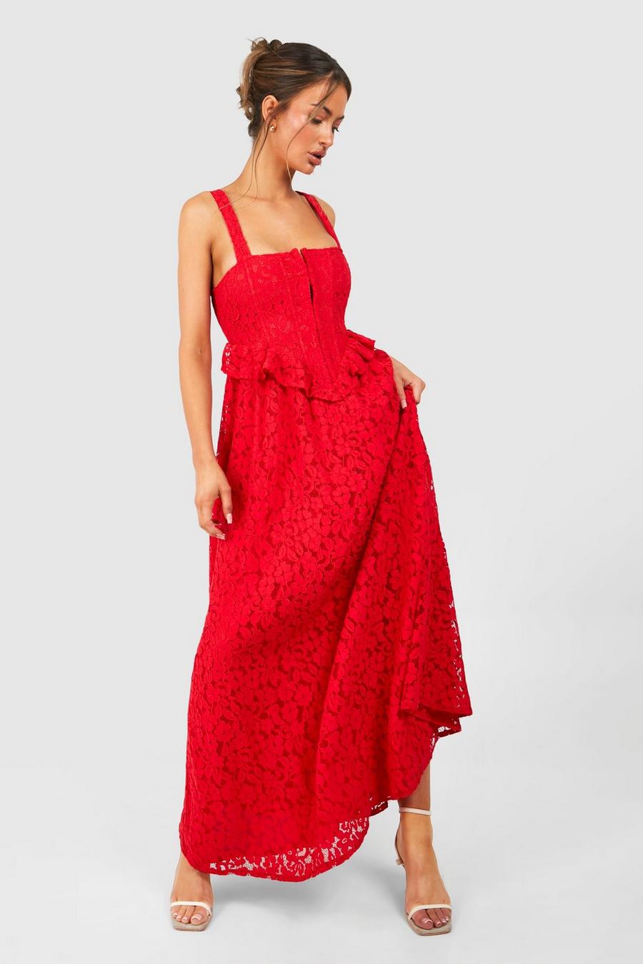 Vestito maxi in pizzo stile corsetto, Red image number 1