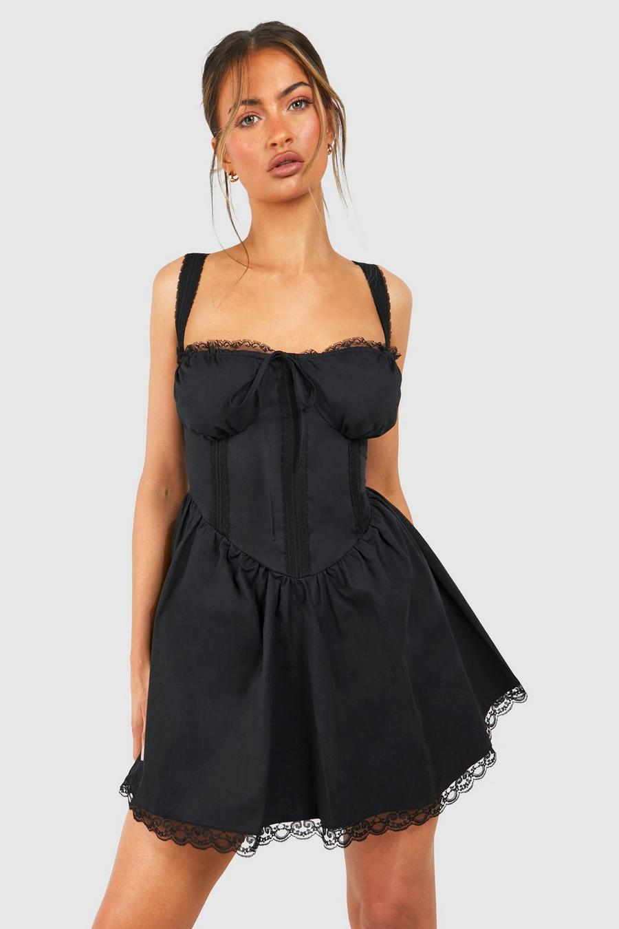 Black Cotton Strappy Milkmaid Mini Dress image number 1