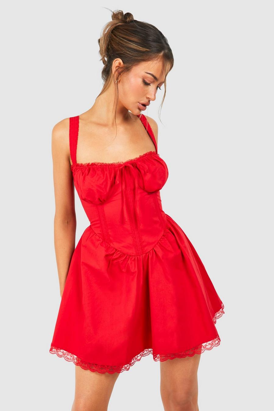 Red Cotton Strappy Milkmaid Mini Dress