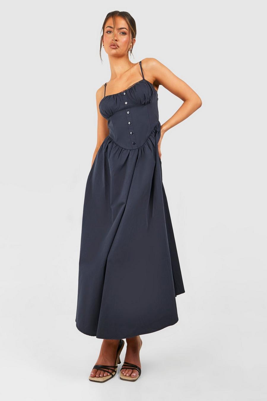 Vestito longuette Milkmaid in cotone, Navy image number 1