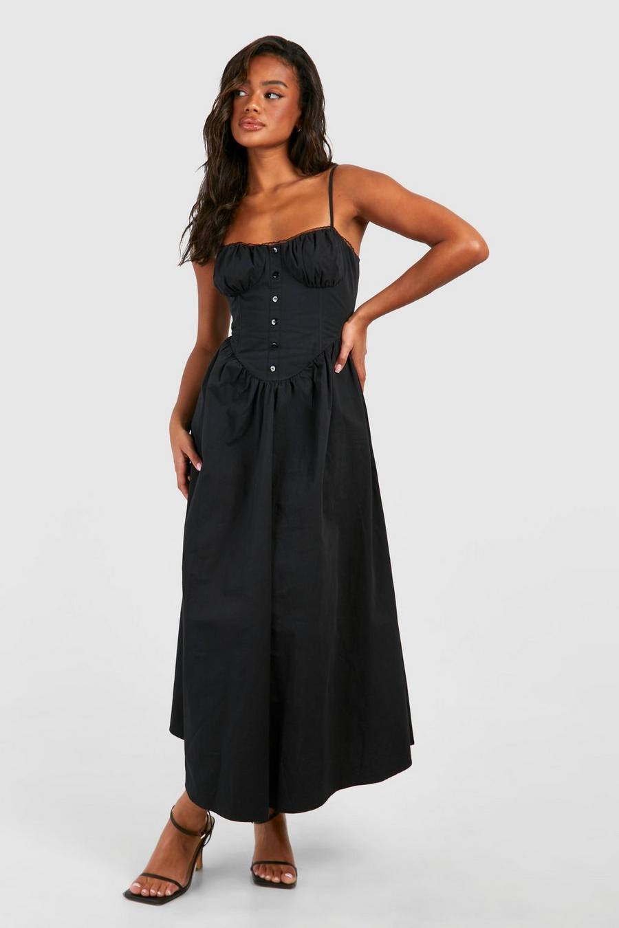 Black Cotton Midaxi Milkmaid Dress image number 1