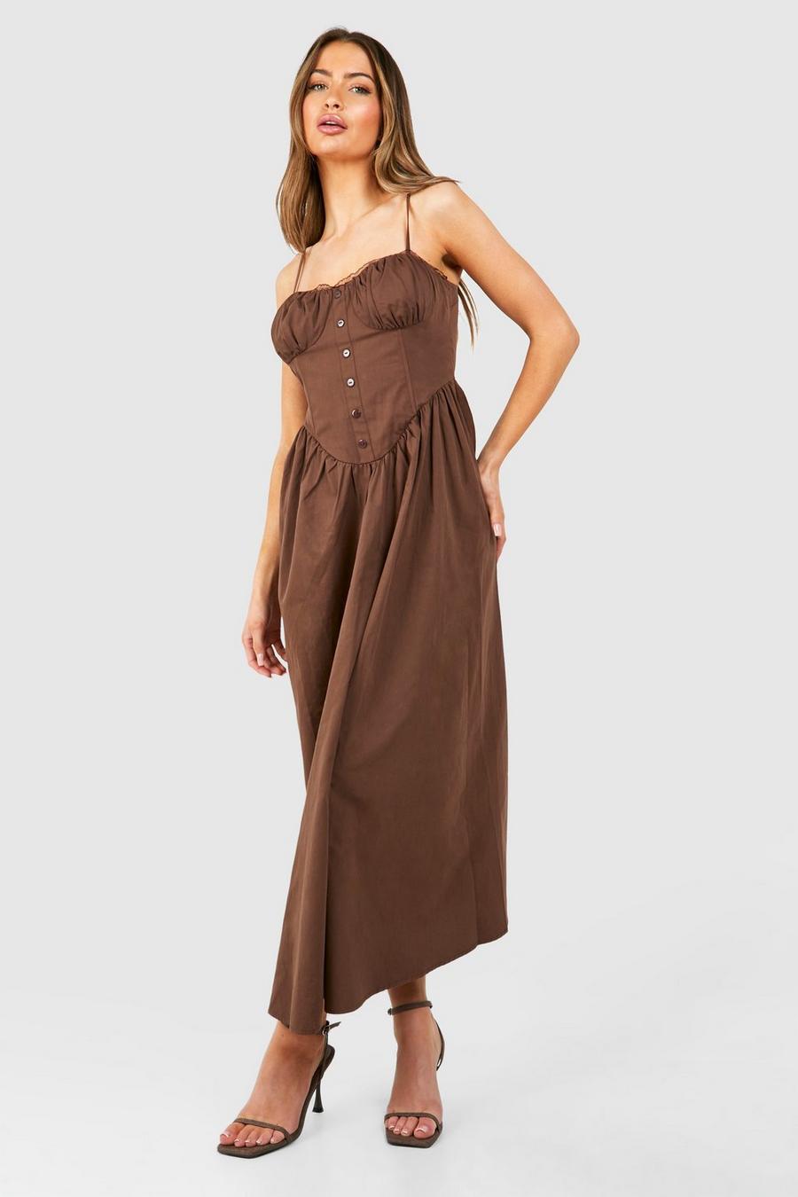 Vestido midaxi de algodón estilo mesonera, Chocolate image number 1