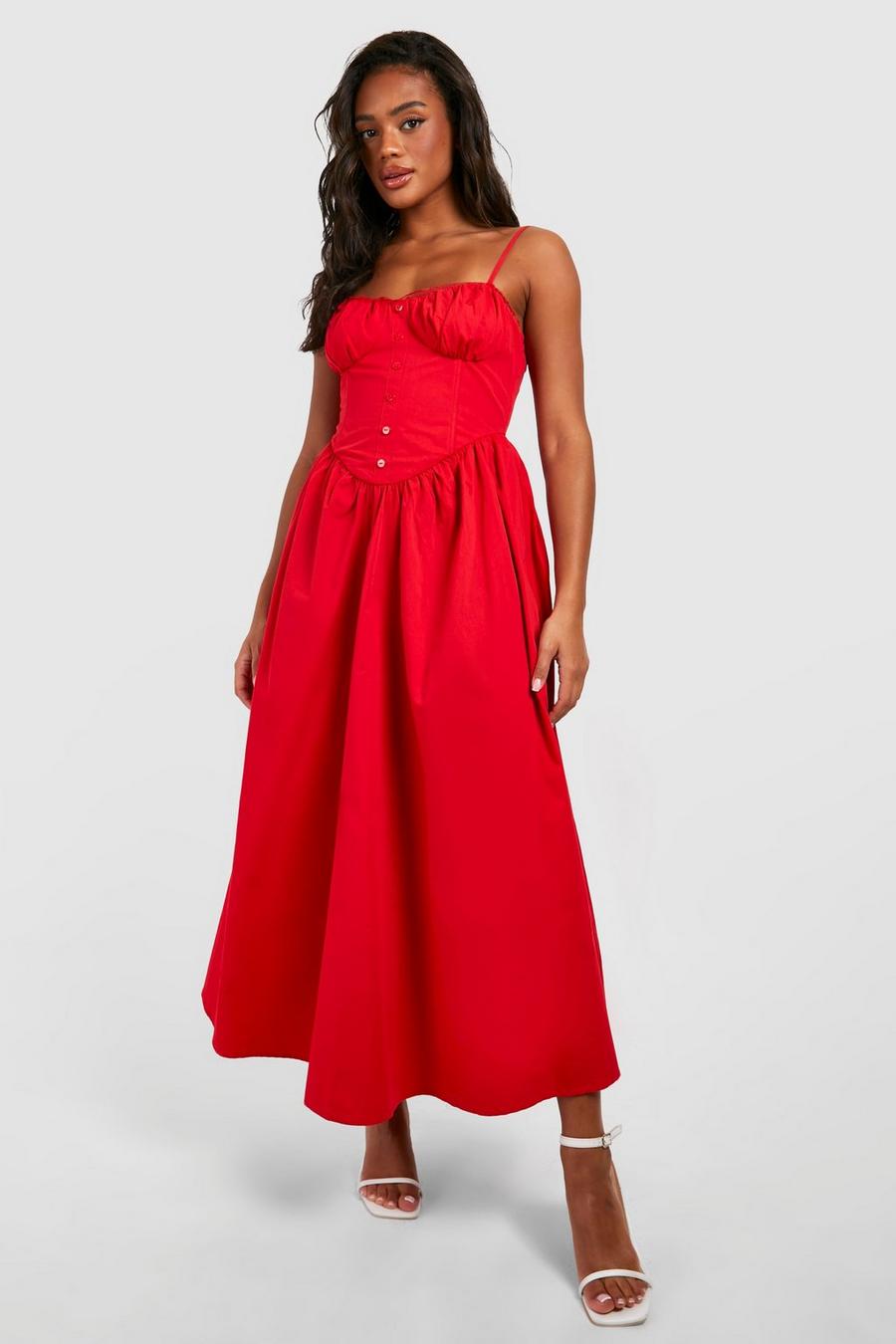 Red Cotton Midi Milkmaid Dress