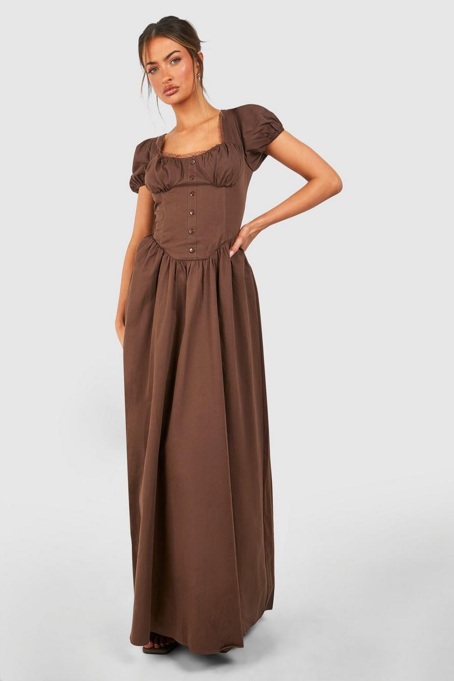 Chocolate Cotton Puff Sleeve Maxi Milkmaid Dress image number 1