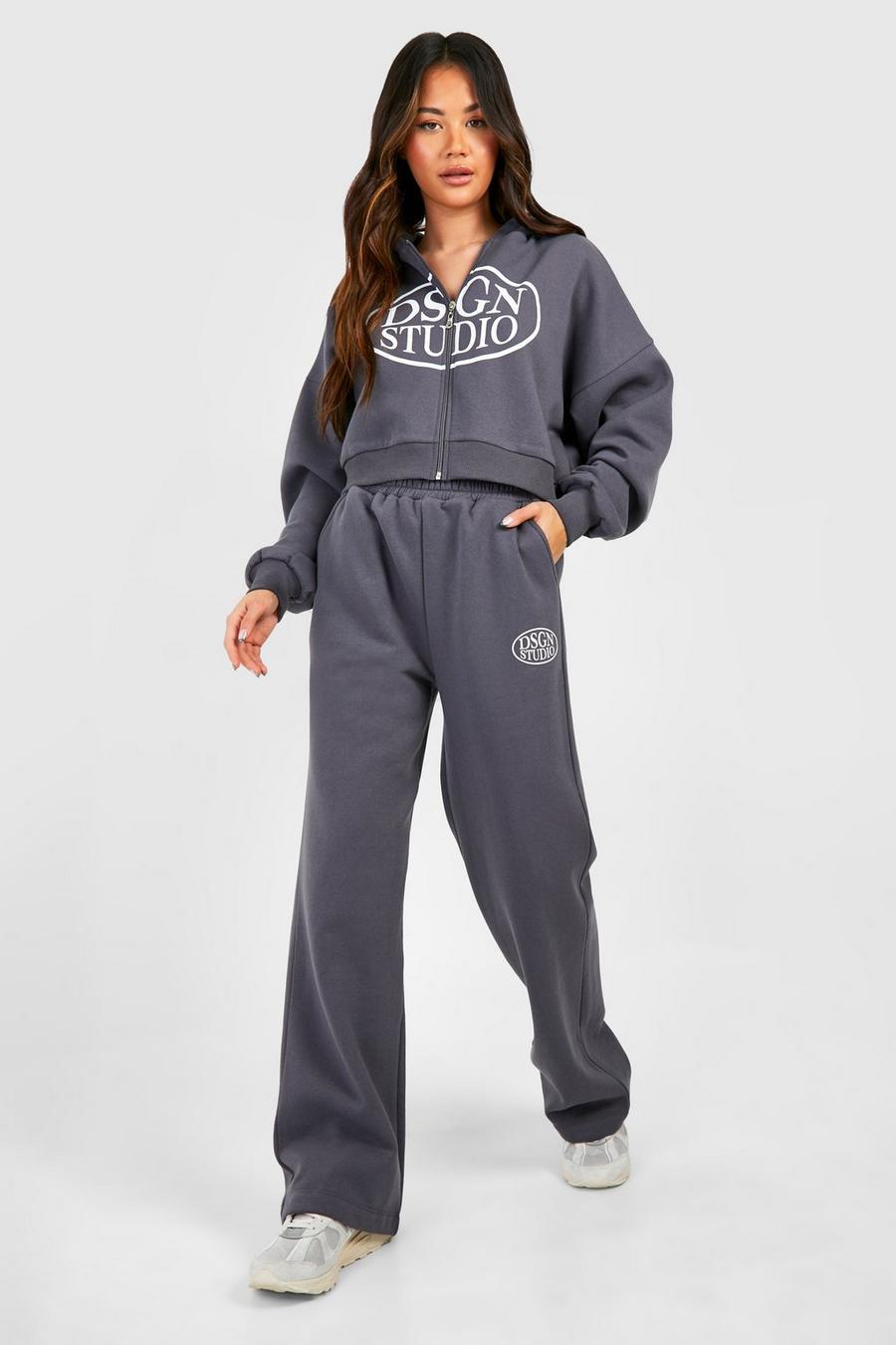 Charcoal Dsgn Studio Slogan Zip Through Hooded Straight Leg Tracksuit image number 1