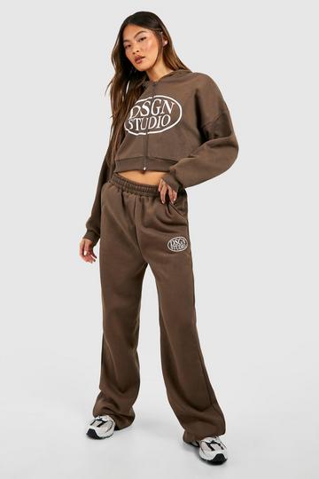 Dsgn Studio Slogan Zip Through Hooded Straight Leg Tracksuit mocha