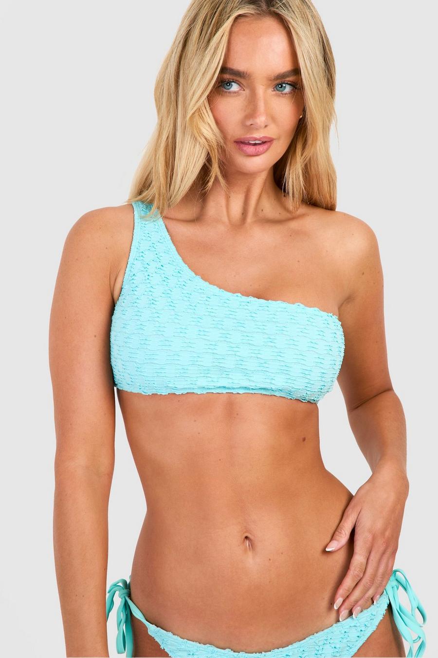 Blue Textured One Shoulder Bikini Top