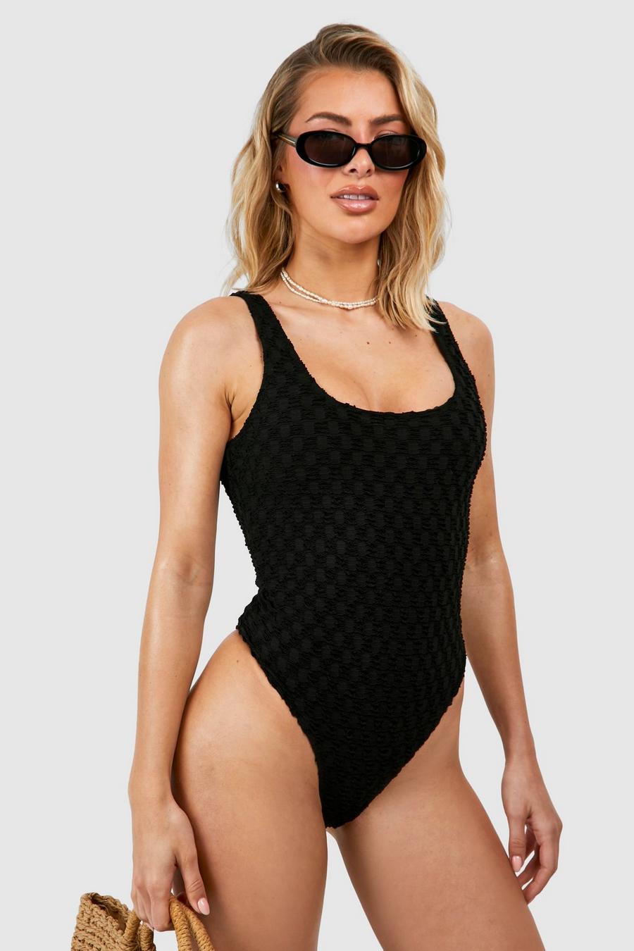Black Textured Scoop Swimsuit image number 1
