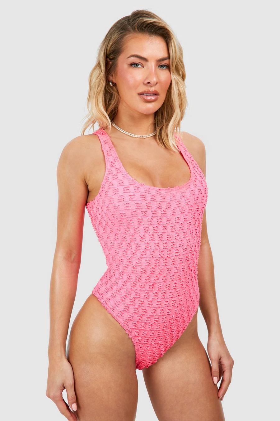 Strukturierter Rundhals-Badeanzug, Bright pink