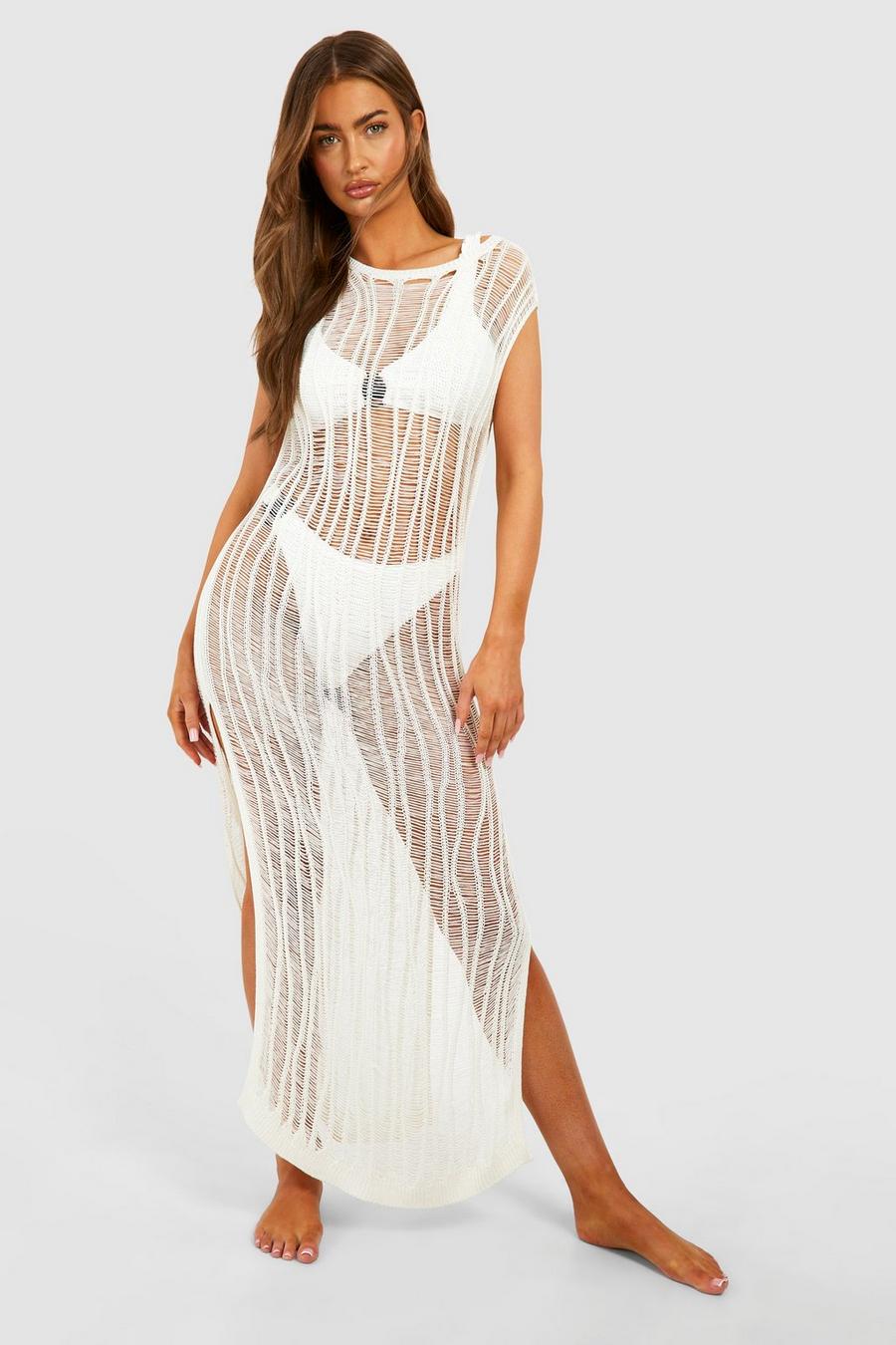 White See Through Crochet Cover Up Beach Dress with Slits – Beach