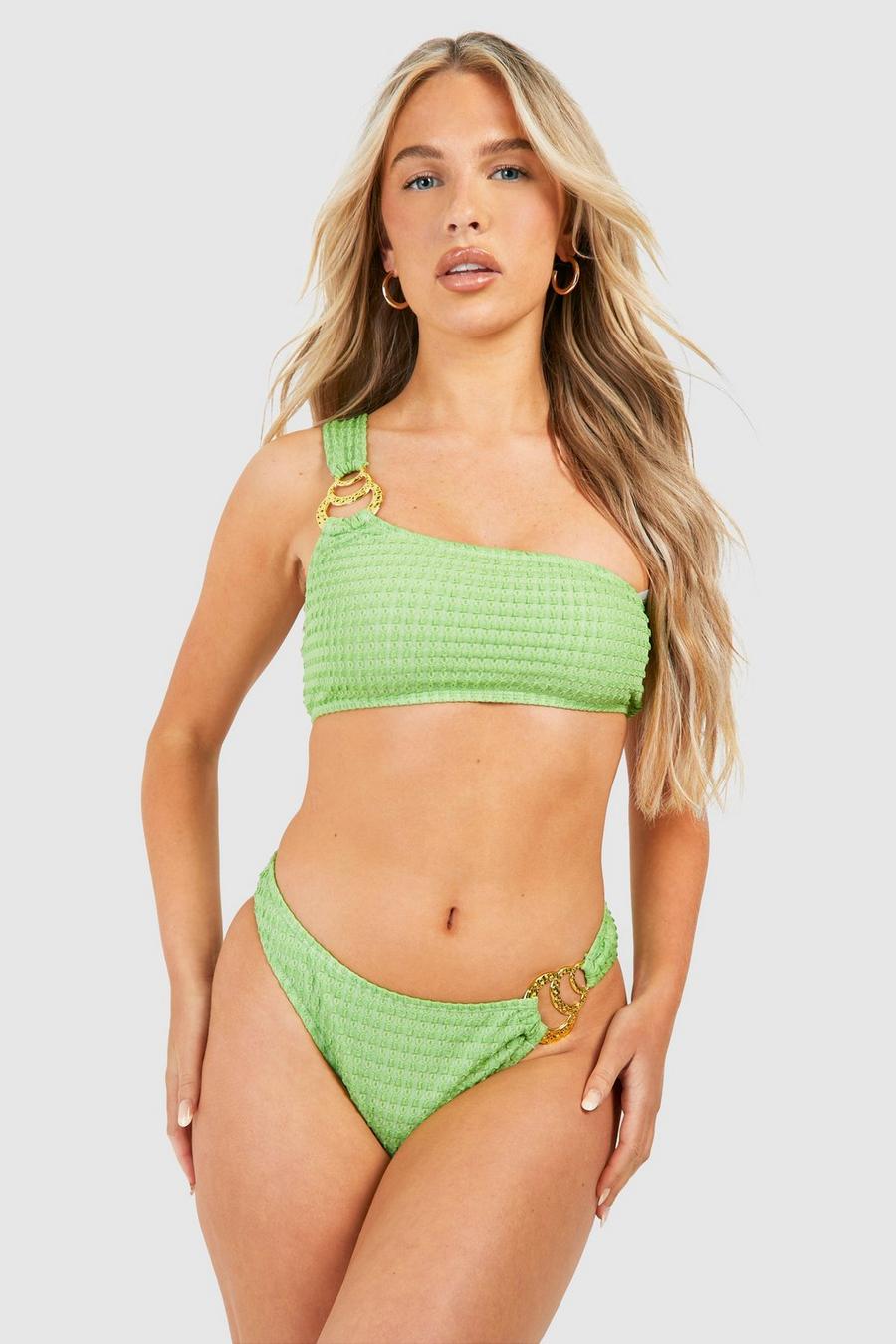 Sage Bikini Set Met Gouden Zoom, Textuur En Eén Blote Schouder