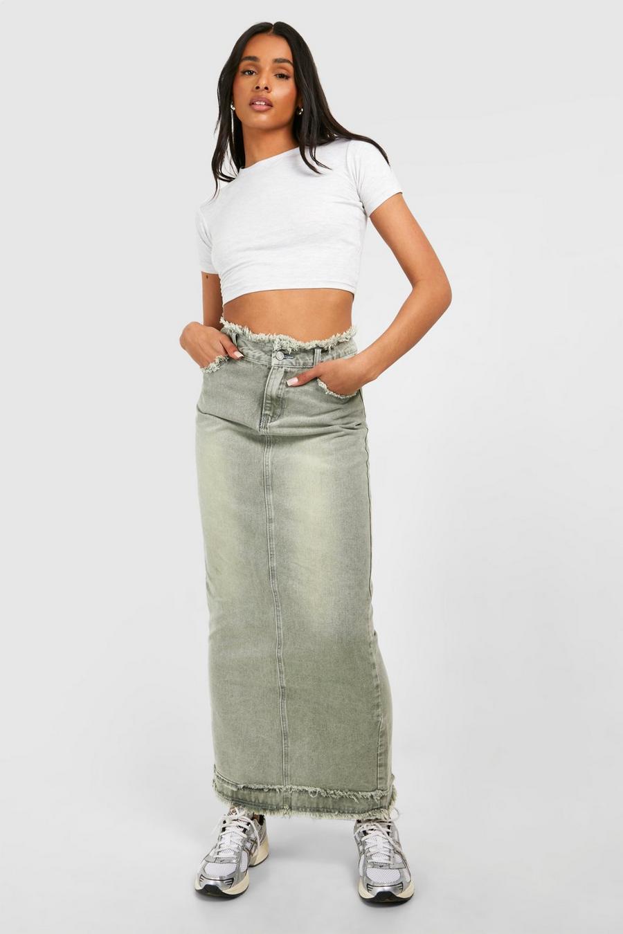 Khaki Tall Fray Seam Detail Washed Midi Skirt