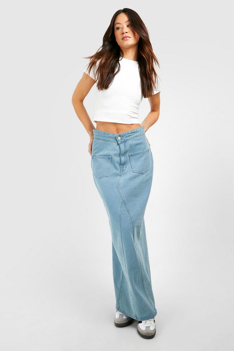 Light blue Tall Foldover Waistband Pocket Detail Denim Maxi Skirt  image number 1