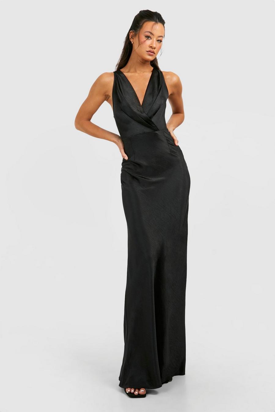 Black Tall Bridesmaid Satin Cowl Wrap Front Maxi Dress  image number 1