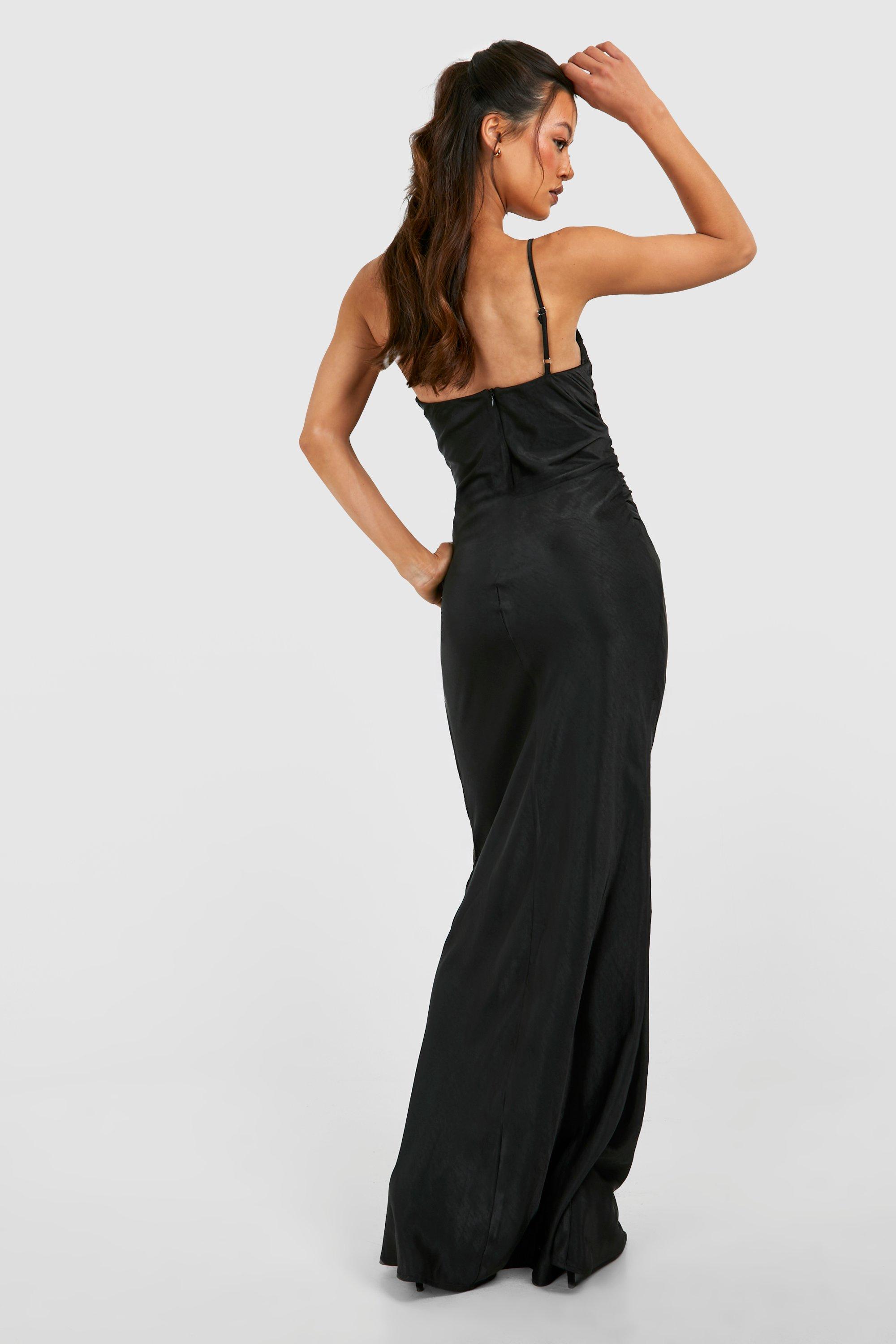 Tall Bridesmaid Satin Strappy Asymmetric Maxi Dress