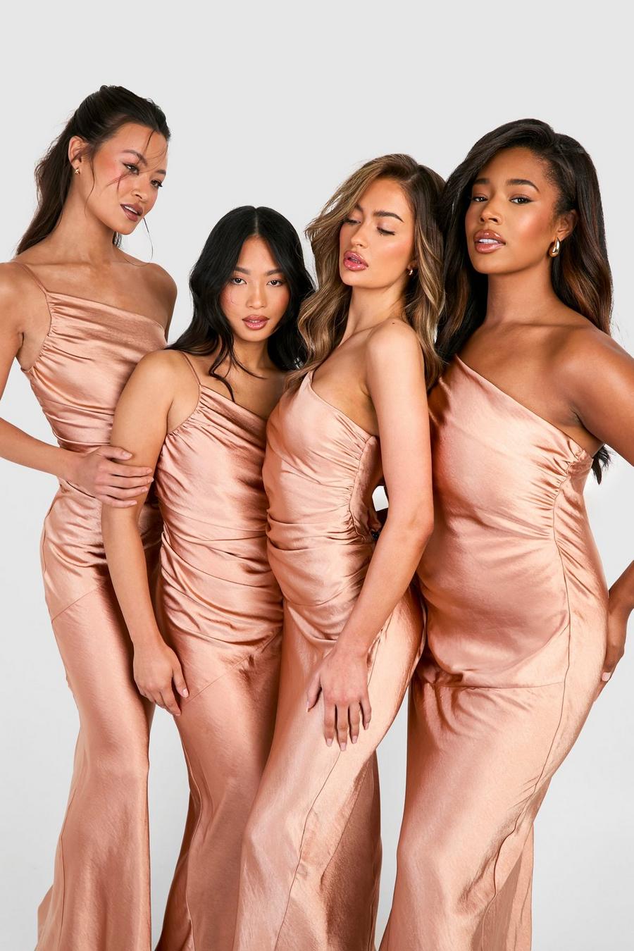 Copper Tall Bridesmaid Satin Strappy Asymmetric Maxi Dress  image number 1