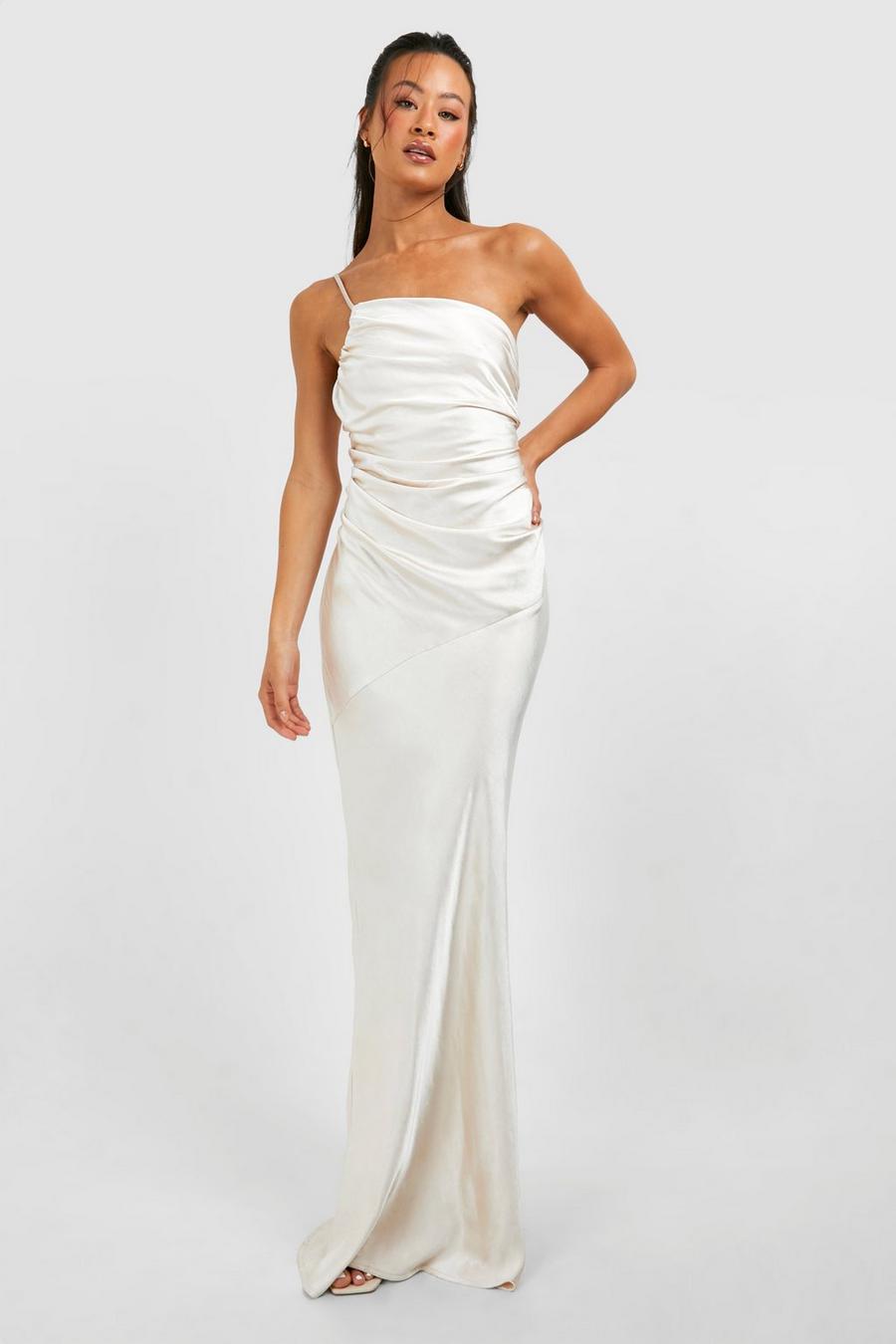 Cream Tall Bridesmaid Satin Strappy Asymmetric Maxi Dress  image number 1