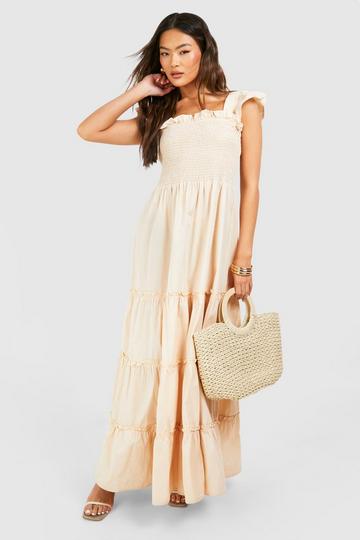 Stone Beige Cotton Tiered Maxi Dress