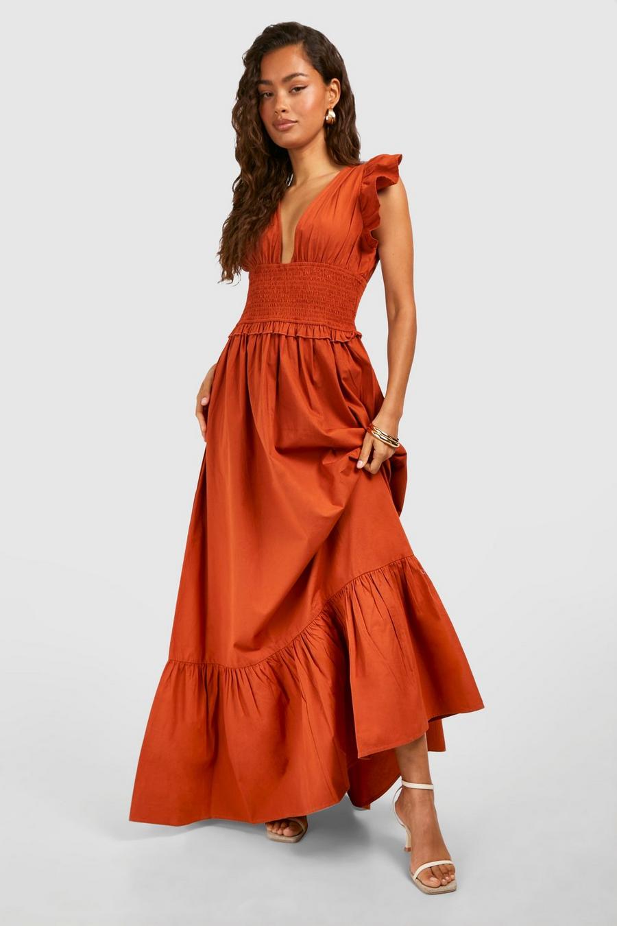 Rust Cotton Plunge Maxi Dress image number 1