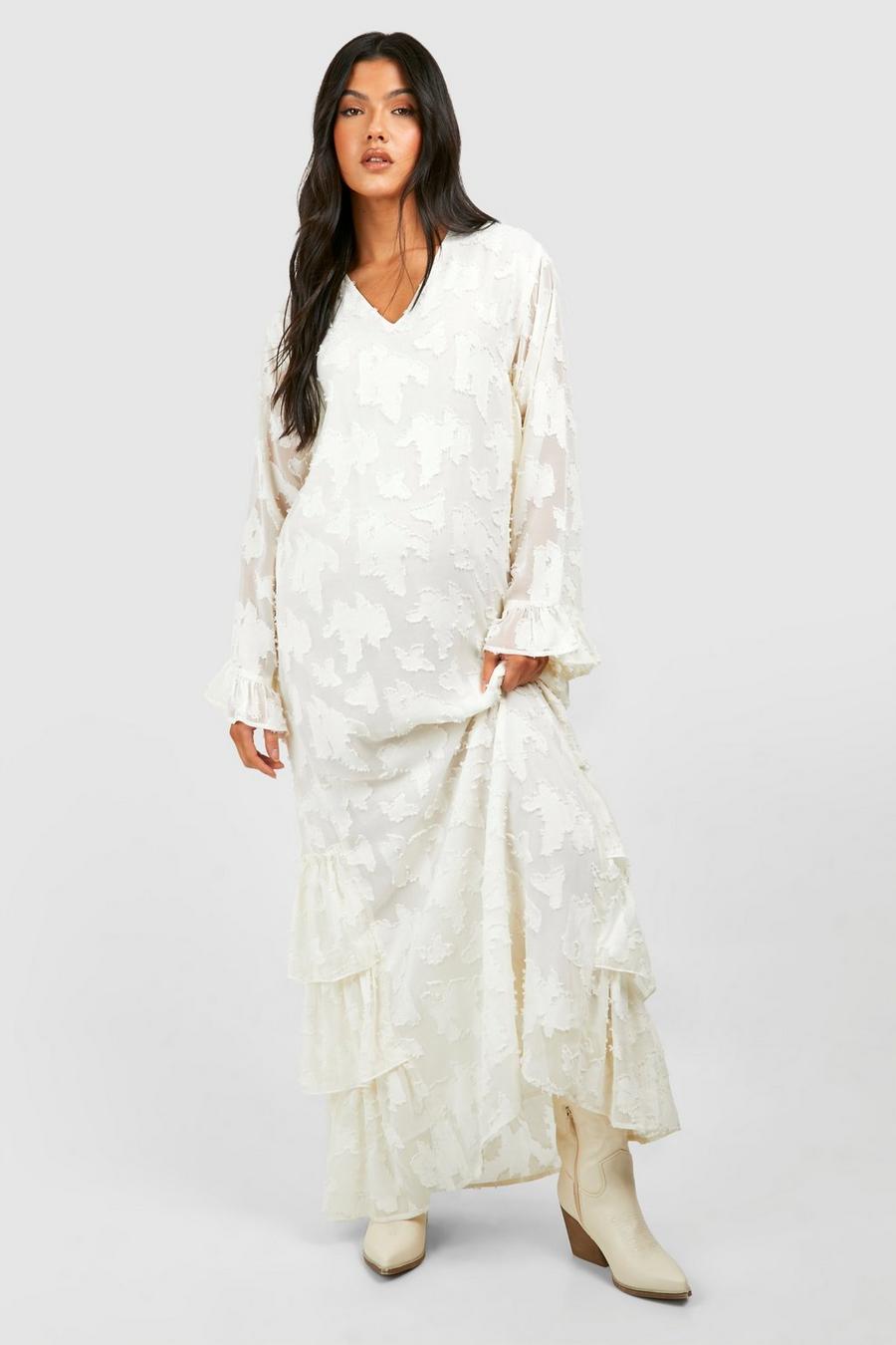 Cream Maternity Floral Burnout Frill Maxi Dress image number 1