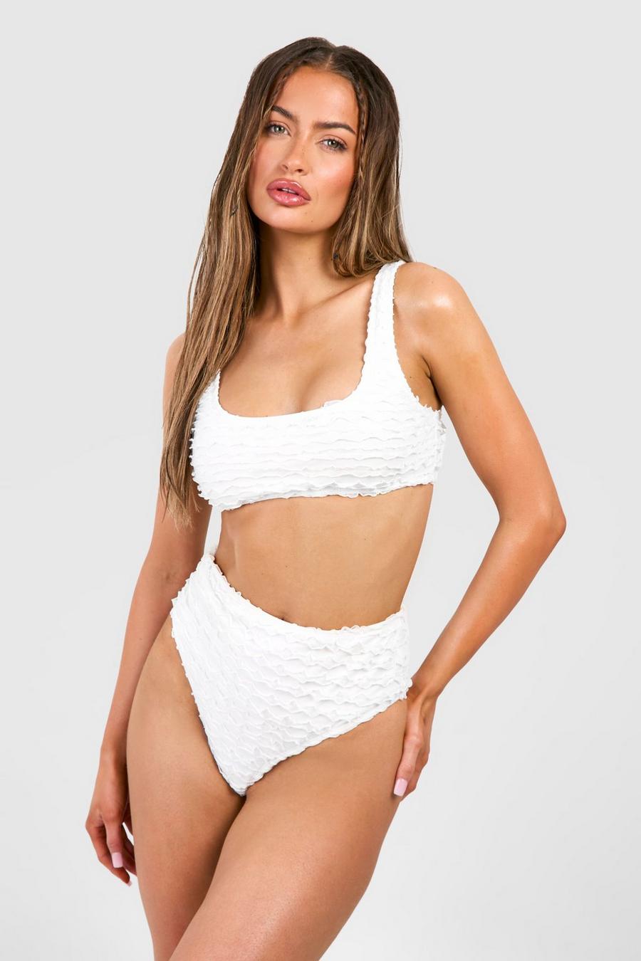 Textured Ruffle High Waisted Bikini Brief, White