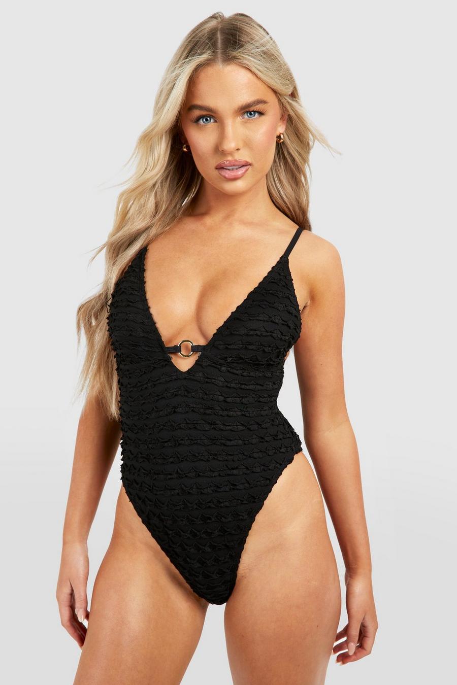 Black Textured Ruffle O-ring Plunge Swimsuit image number 1
