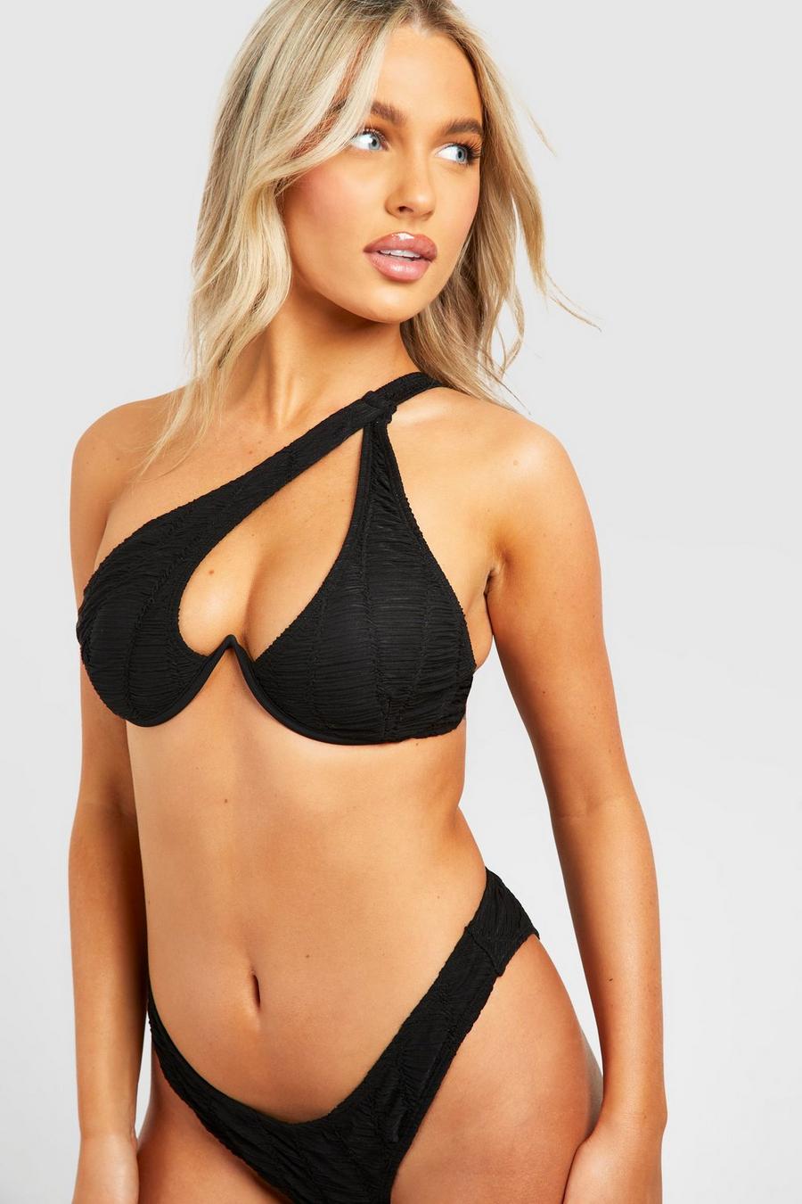 Black Bikini Top Met Textuur, Eén Blote Schouder En Beugel
