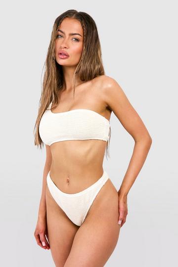 Premium Crinkle One Shoulder Thong Bikini Set cream