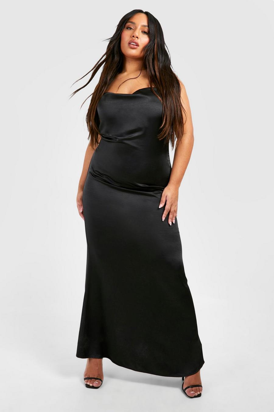 Black Plus Satin Cowl Neck Maxi Slip Dress image number 1