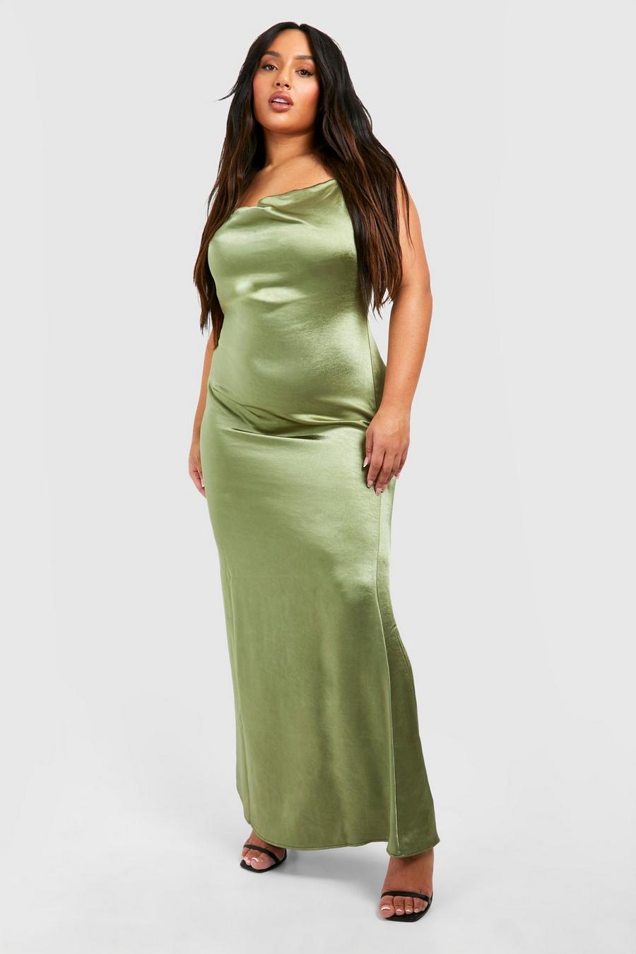 Khaki Plus Satin Cowl Neck Maxi Slip Dress image number 1