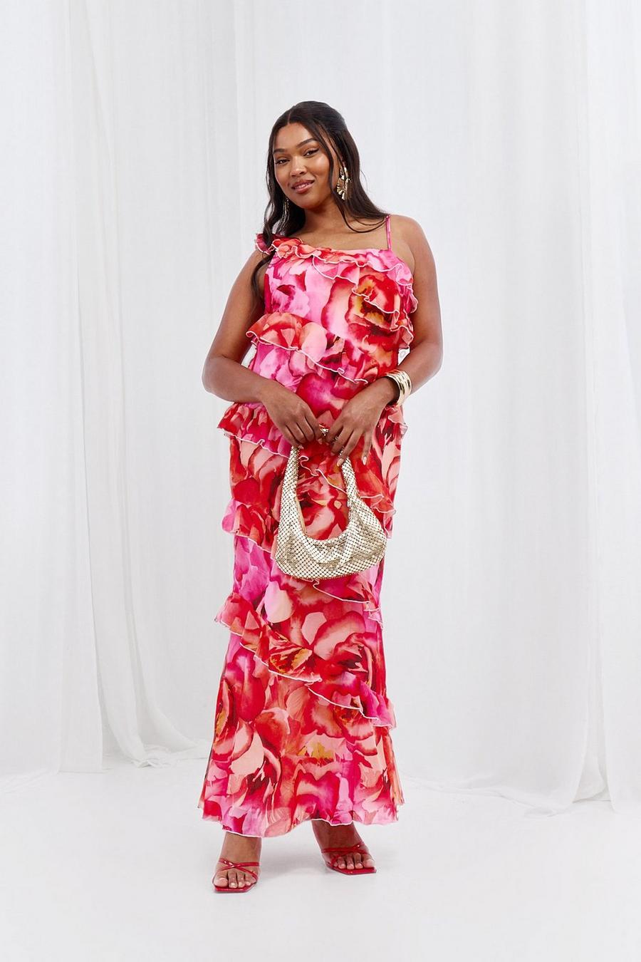 Pink Plus Floral Ruffle Asymmetric Maxi Dress  image number 1