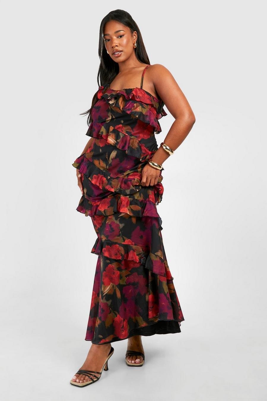 Black Plus Floral Ruffle Asymmetric Maxi Dress image number 1
