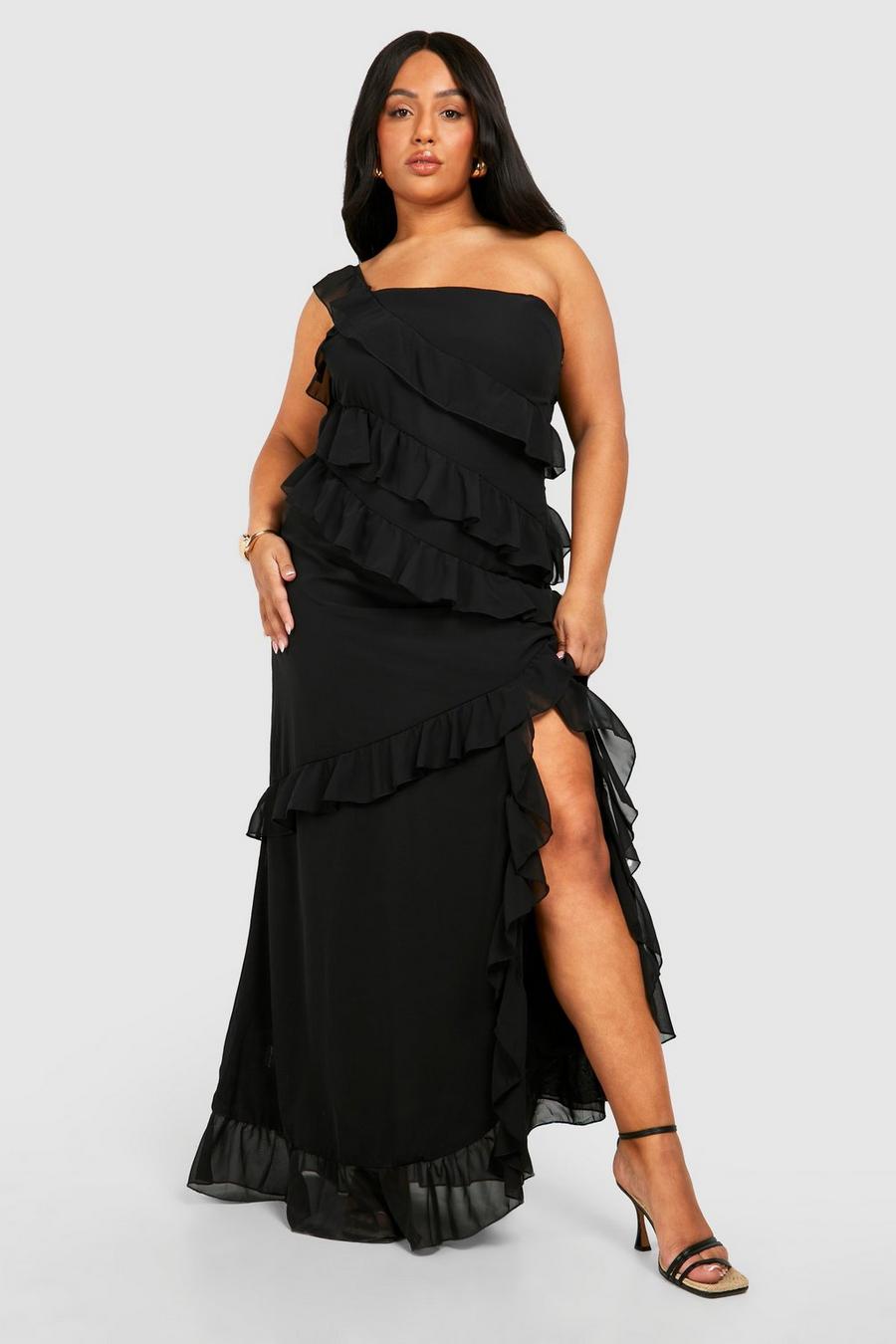 Black Plus Occasion Ruffle One Shoulder Maxi Dress image number 1