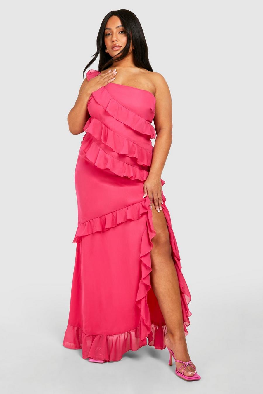 Hot pink Plus Lång one shoulder-klänning med volanger image number 1