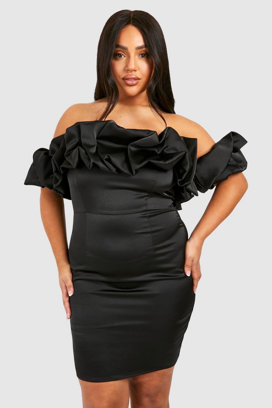 Grande taille - Robe courte premium satinée à épaules dénudées, Black