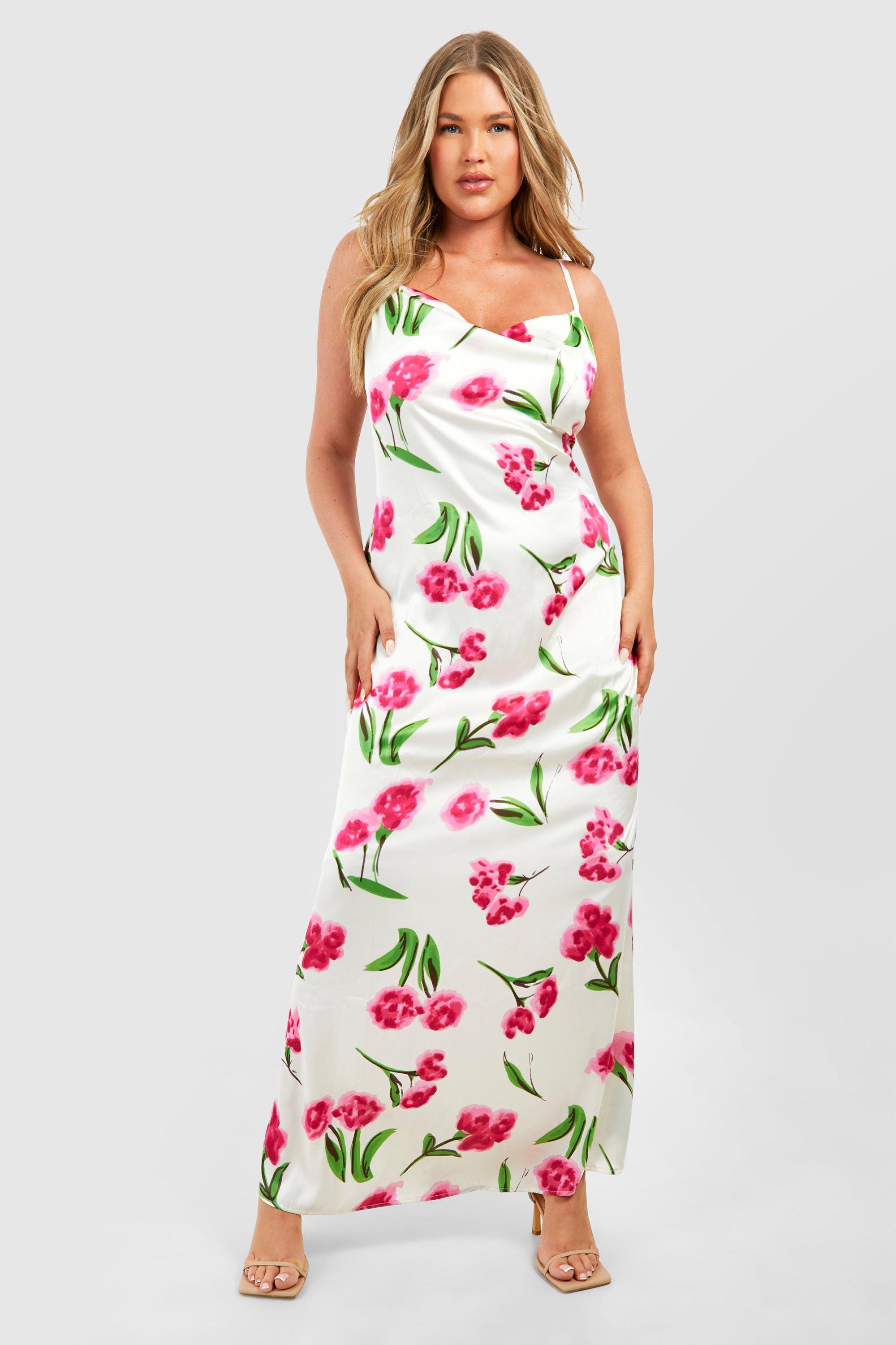 Plus Floral Satin Midaxi Cowl Neck Slip Dress