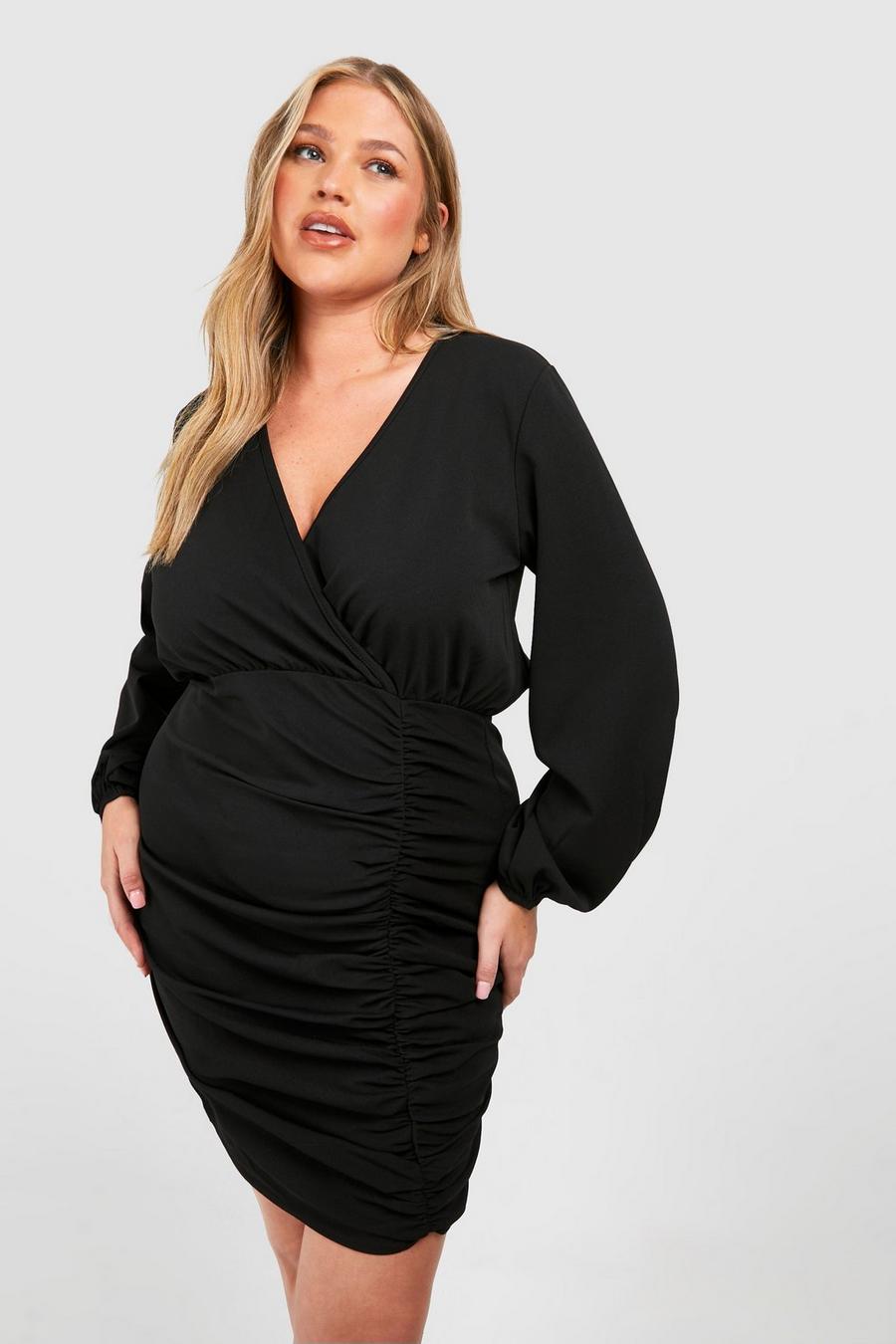 Black Plus Wrap Ruched Bodycon Dress image number 1