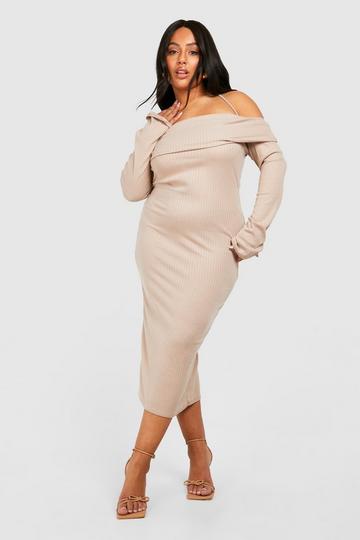 Stone Beige Plus Brushed Rib Bardot Midaxi Dress