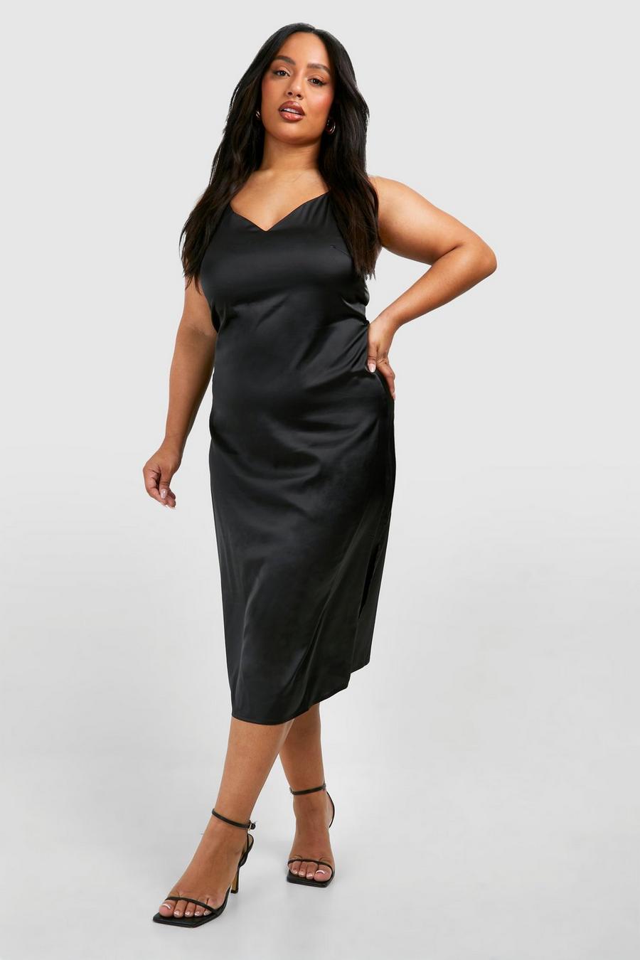 Black Plus Satin V Neck Split Midi Dress image number 1