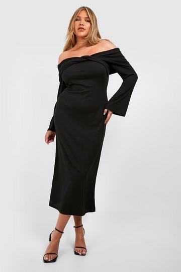 Black Plus Twist Detail Bardot Soft Rib Column Midaxi Dress