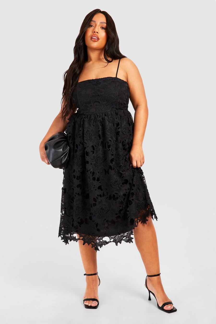 Black Plus Premium Lace Strappy Midi Skater Dress image number 1