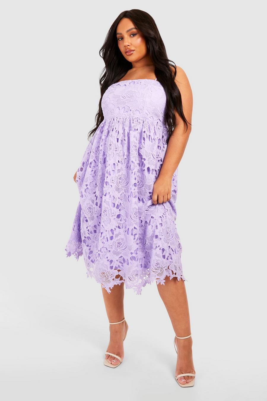 Lilac Plus Premium Lace Strappy Midi Skater Dress image number 1