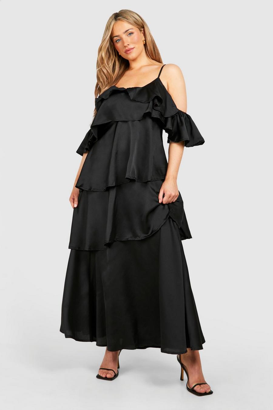 Black Plus Satin Cold Shoulder Ruffle Maxi Dress image number 1