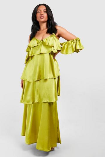 Olive Green Plus Satin Cold Shoulder Ruffle Maxi Dress