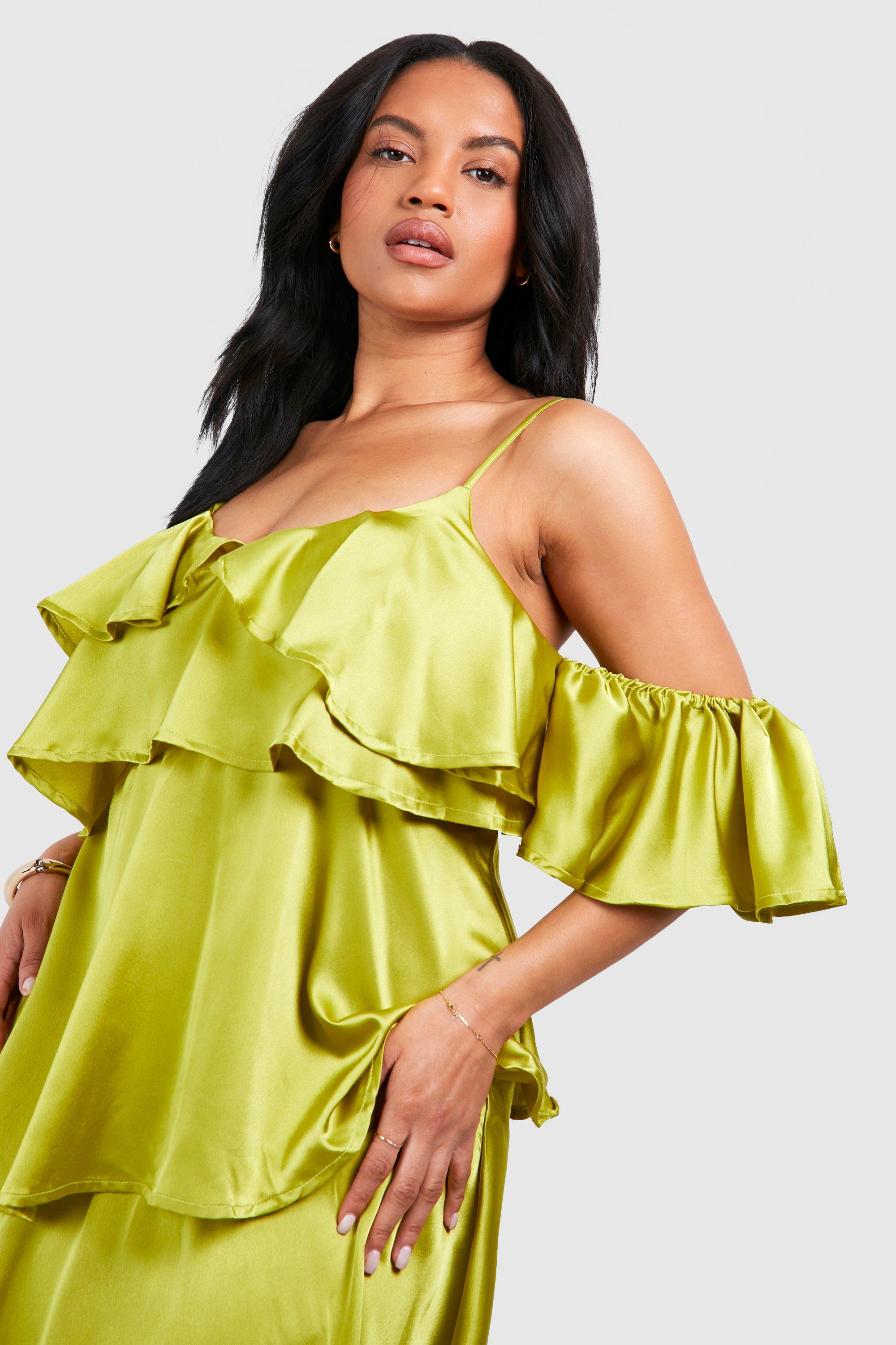 Plus Satin Cold Shoulder Ruffle Maxi Dress boohoo