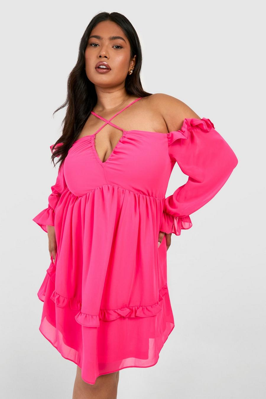 Grande taille - Robe patineuse à col croisé, Hot pink