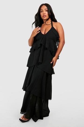 Black Plus Chiffon Halter Tie Neck Ruffle Maxi Dress