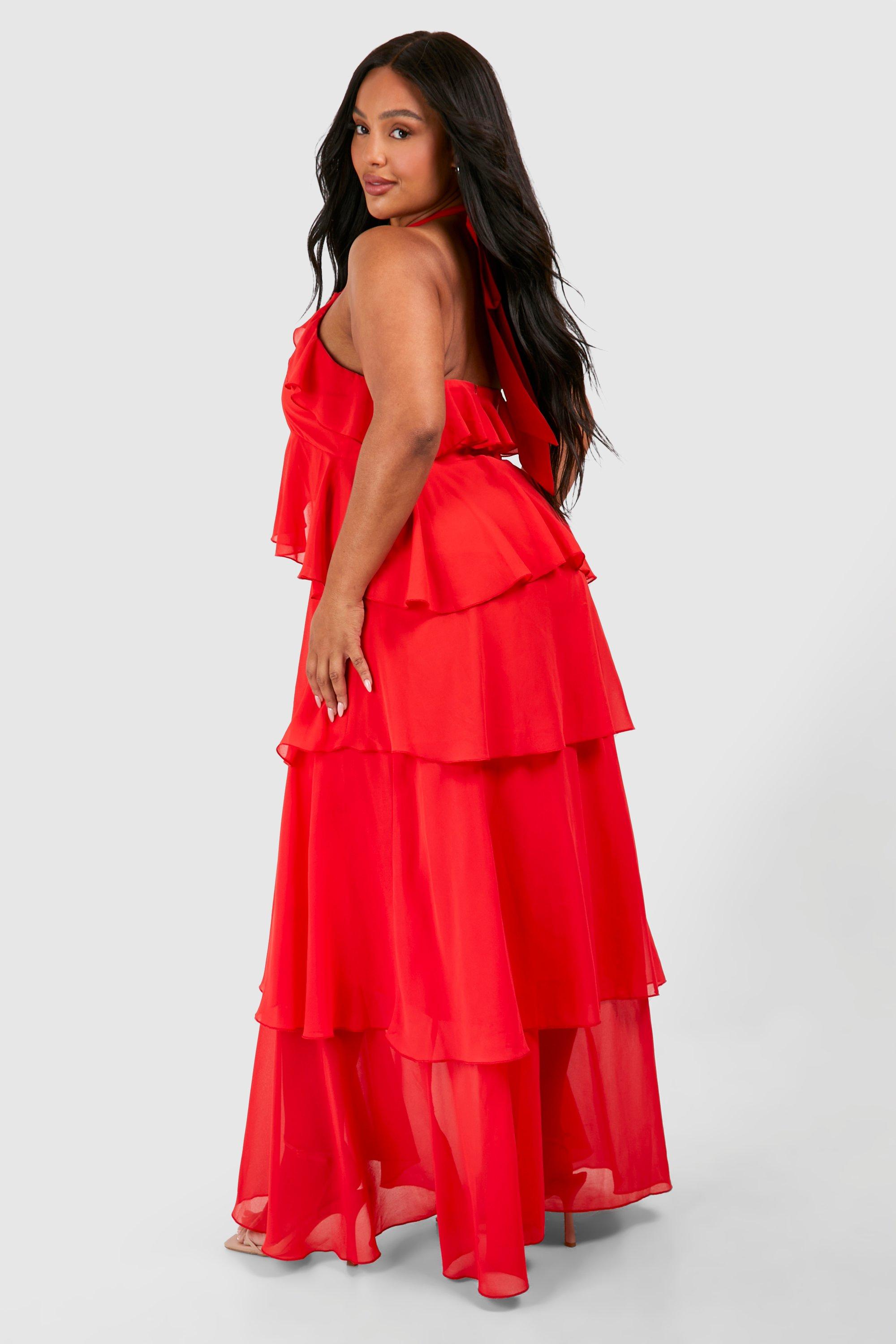 Plus Chiffon Halter Tie Neck Ruffle Maxi Dress | boohoo