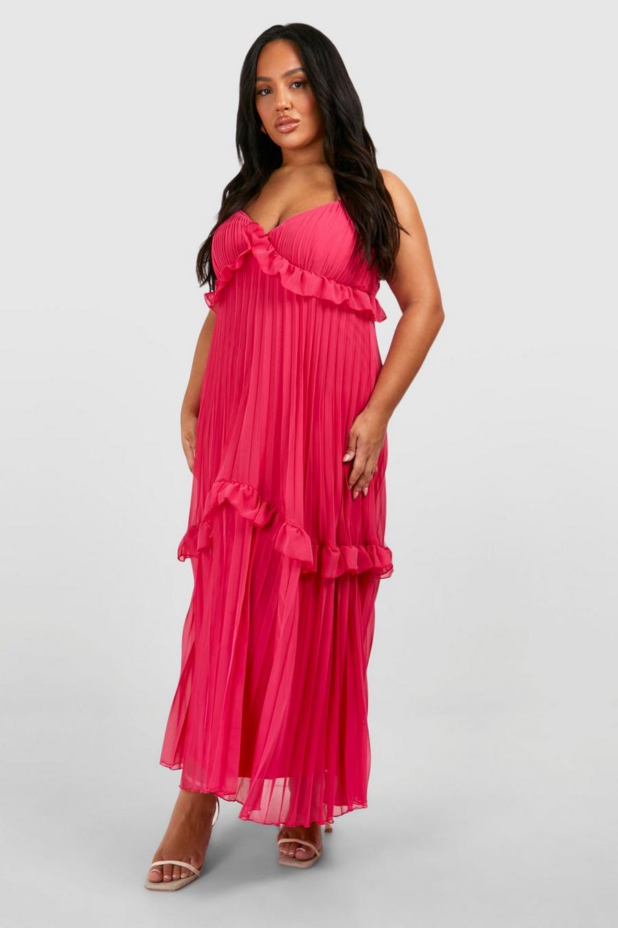 Hot pink Plus Midiklänning i chiffong med volymärm image number 1
